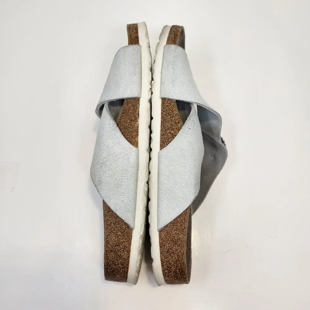 Birkenstock Siena Big Buckle Sandal Crossed Strap White Metallic Suede Size 41 - Picture 8 of 9